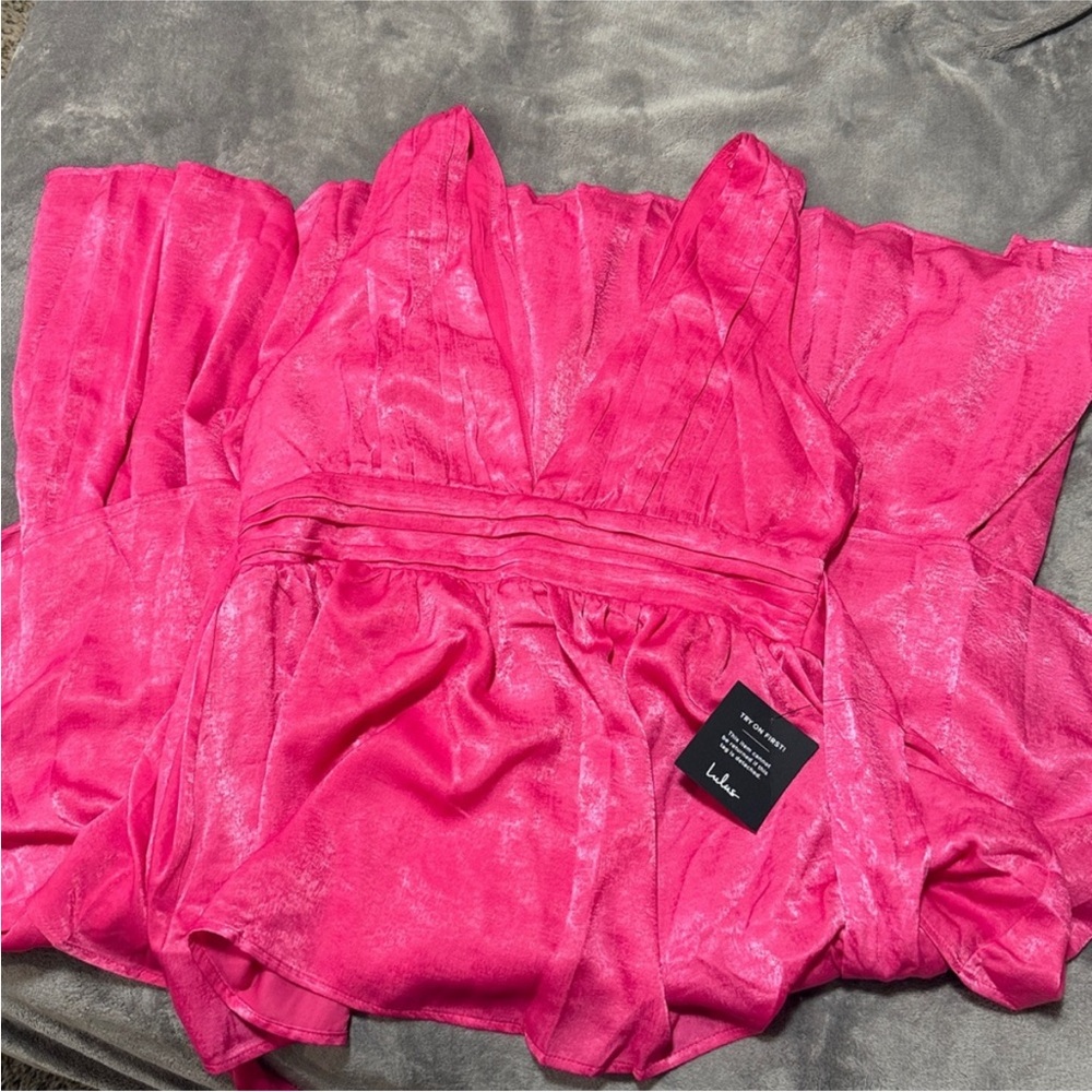 NWT Lulus Peak Party Vibe Hot Pink Satin Tiered Tie-Back Midi Dress - Picture 3 of 4